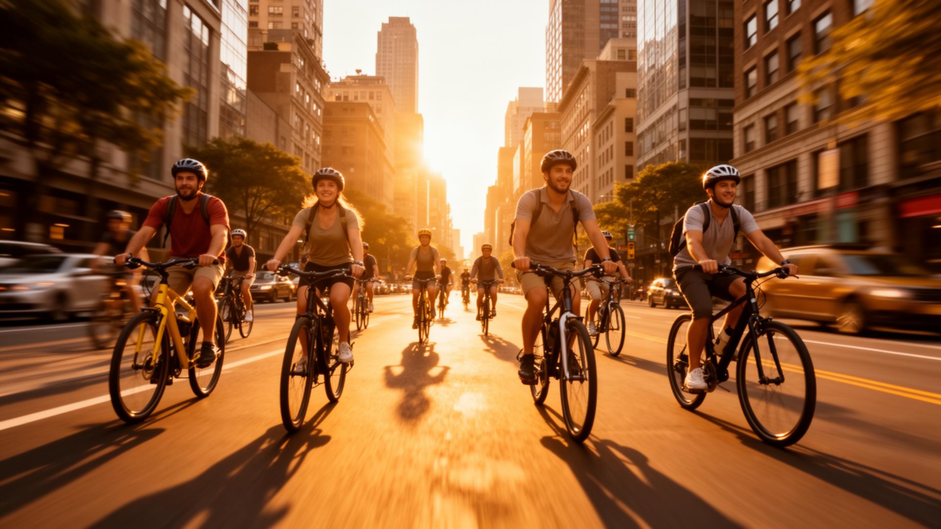 Cyclists on a guided bike tour through a city at golden hour